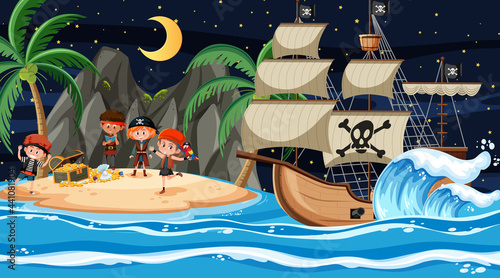 Treasure Island scene at night with Pirate kids