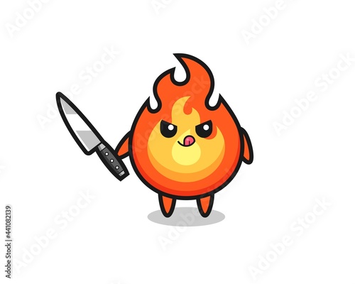cute fire mascot as a psychopath holding a knife