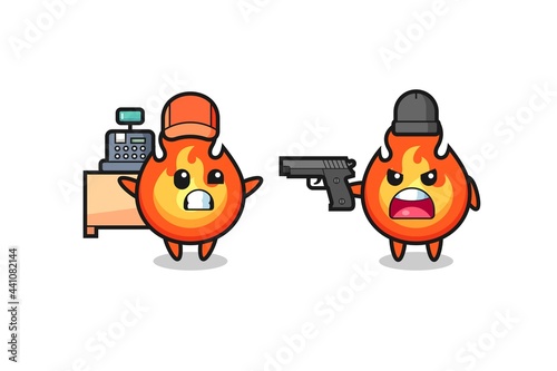 illustration of the cute fire as a cashier is pointed a gun by a robber