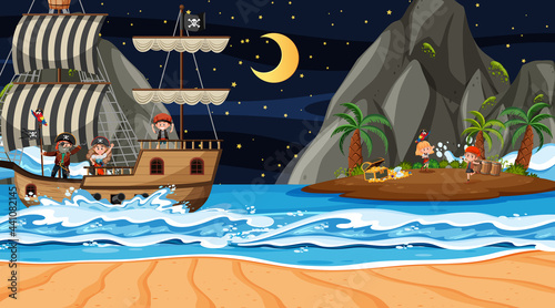 Treasure Island scene at night with Pirate kids on the ship