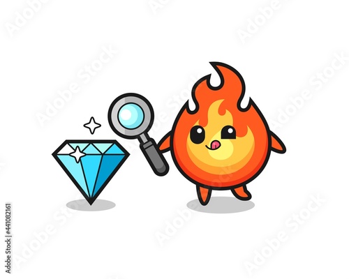 fire mascot is checking the authenticity of a diamond