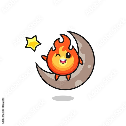 illustration of fire cartoon sitting on the half moon