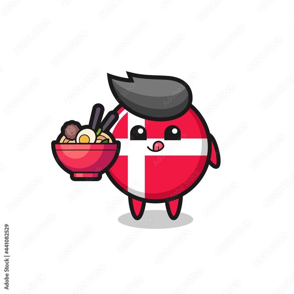 cute denmark flag badge character eating noodles