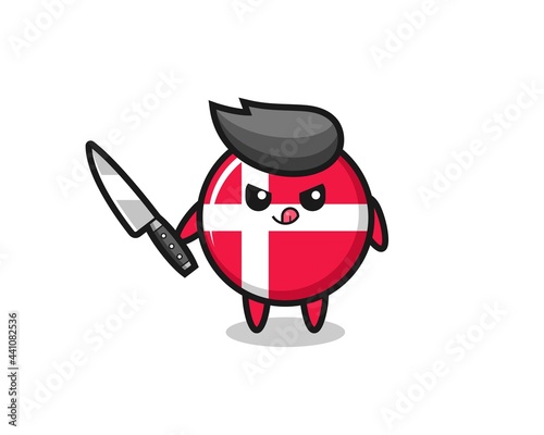 cute denmark flag badge mascot as a psychopath holding a knife
