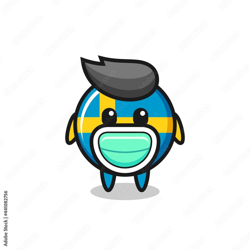 cute sweden flag badge cartoon wearing a mask