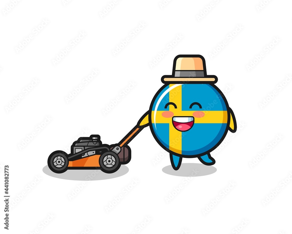illustration of the sweden flag badge character using lawn mower