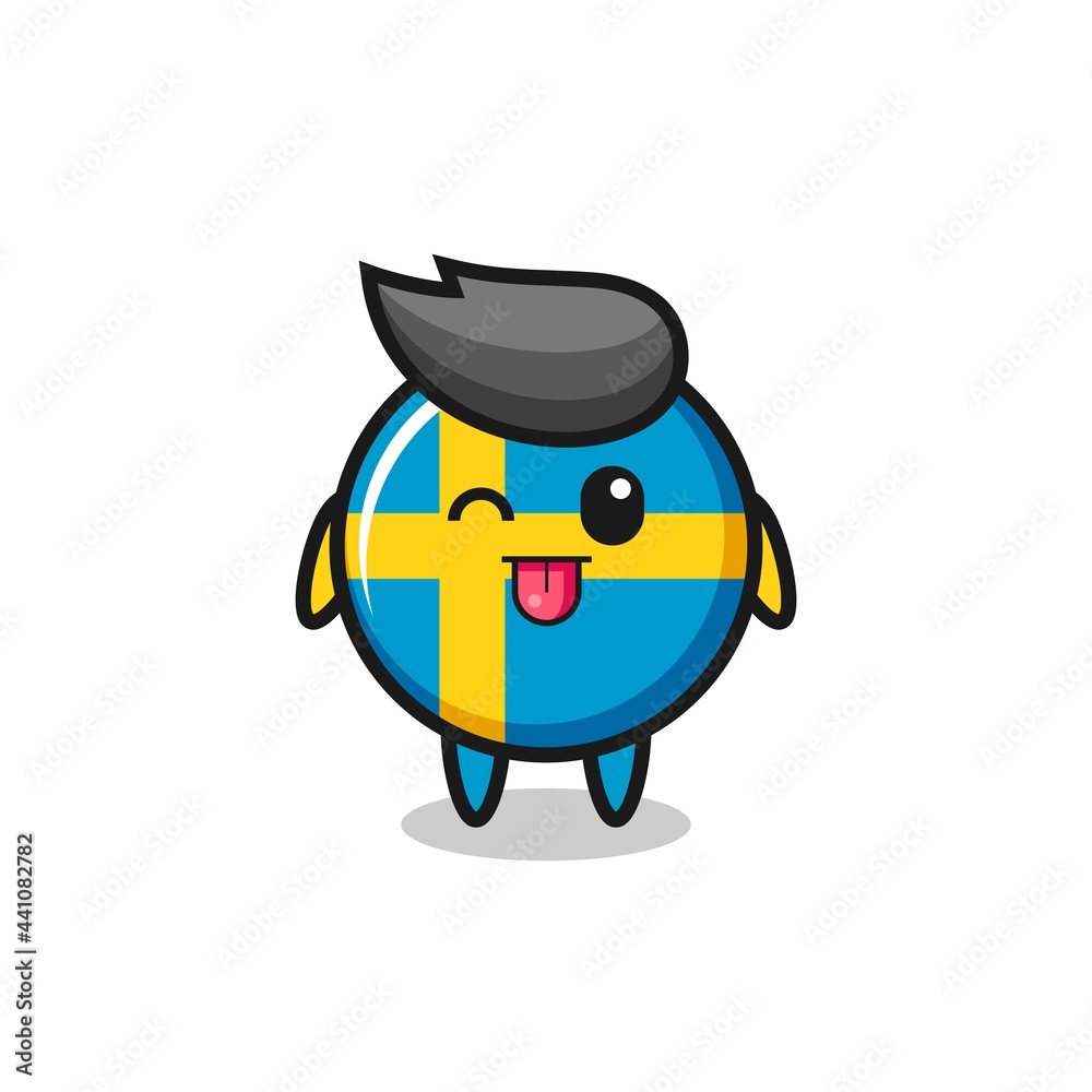 cute sweden flag badge character in sweet expression while sticking out her tongue