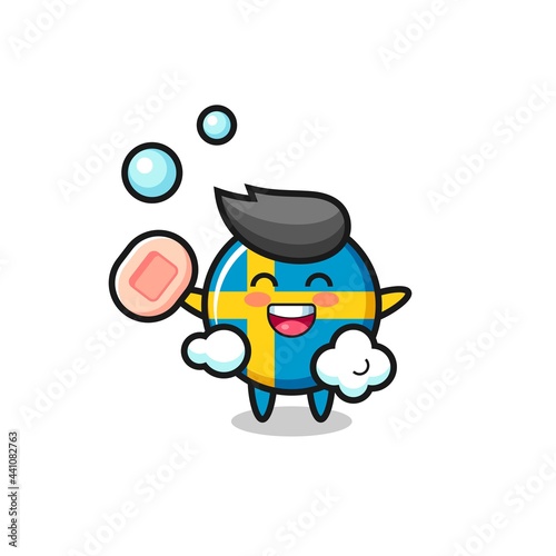 sweden flag badge character is bathing while holding soap