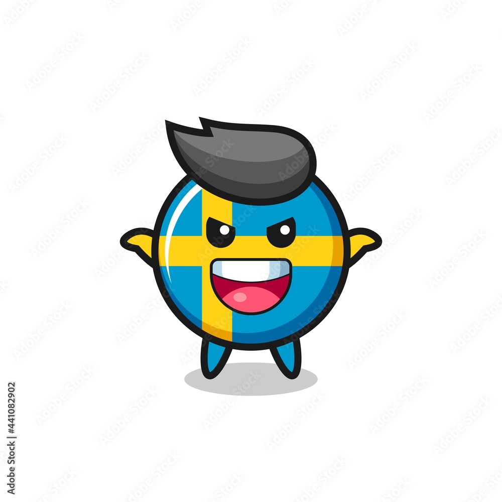 the illustration of cute sweden flag badge doing scare gesture