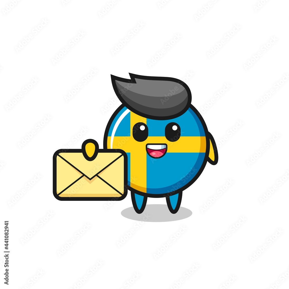 cartoon illustration of sweden flag badge holding a yellow letter cartoon illustration of sweden flag badge holding a yellow letter
