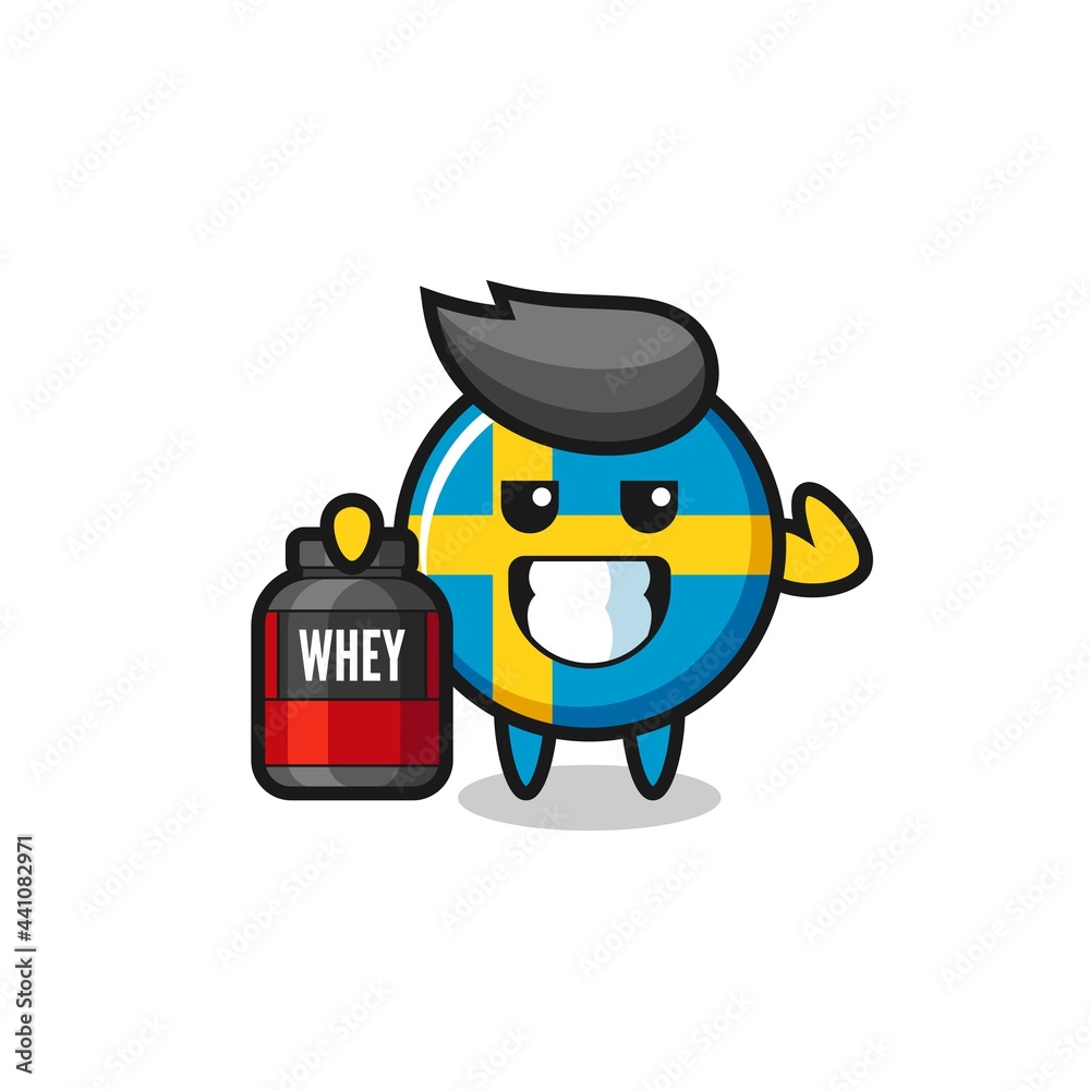 the muscular sweden flag badge character is holding a protein supplement