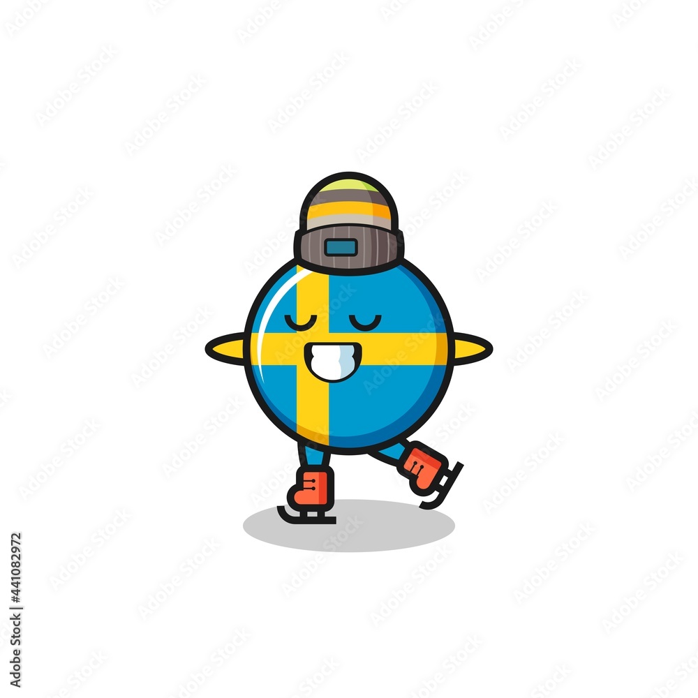 sweden flag badge cartoon as an ice skating player doing perform
