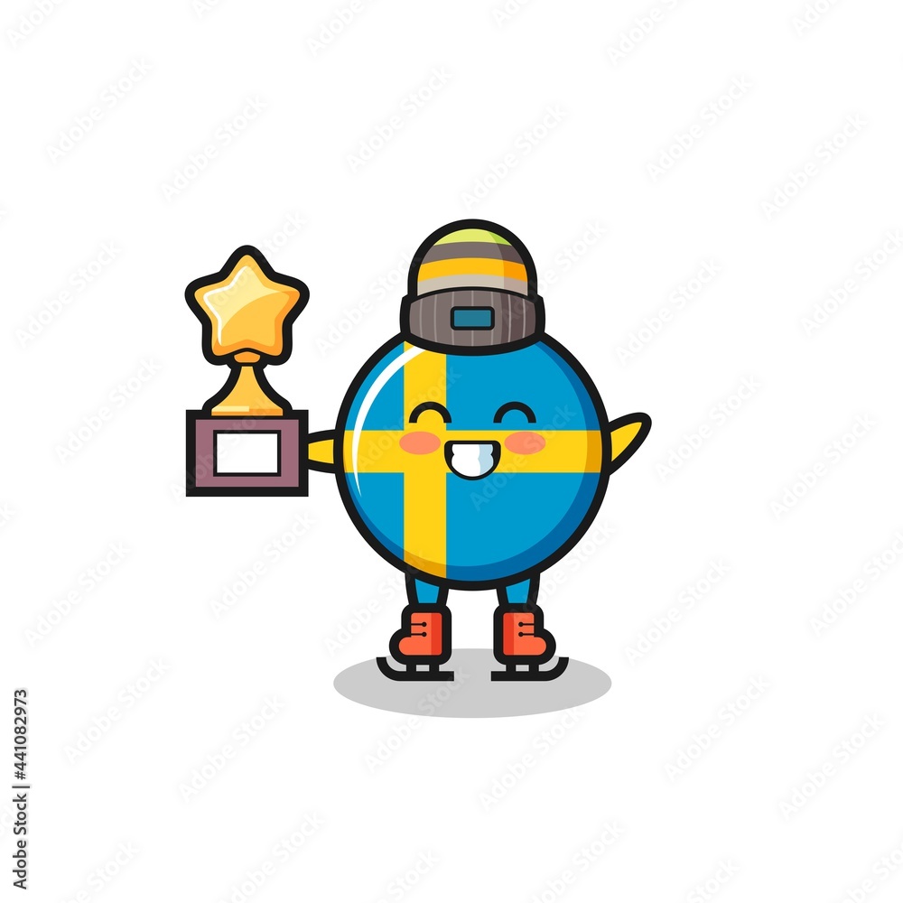sweden flag badge cartoon as an ice skating player hold winner trophy sweden flag badge cartoon as an ice skating player hold winner trophy
