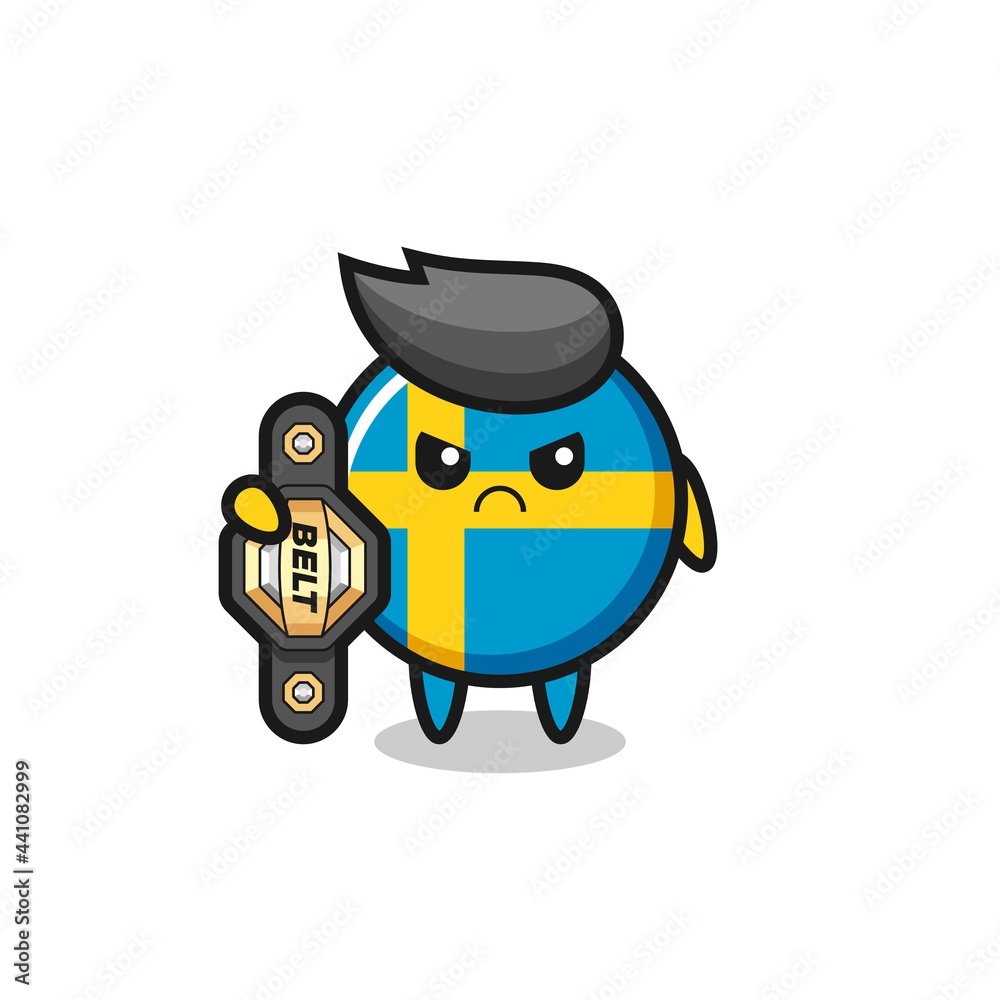sweden flag badge mascot character as a MMA fighter with the champion belt