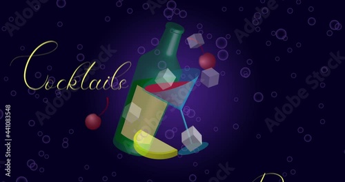 illustration of a cocktail party made of 3d bottle, glass, ice, cherry and lemon