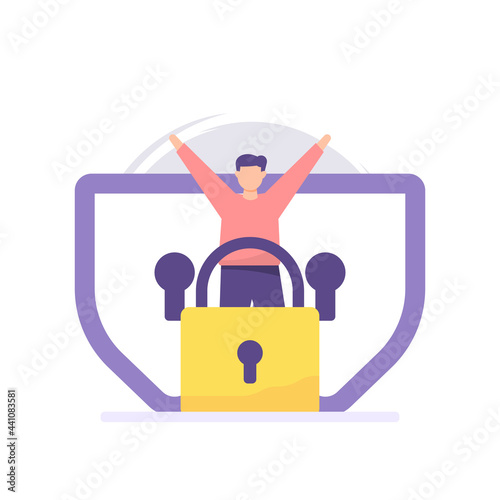 illustration of happy people, padlocks, two shields. double protection concept, twice verification, dual authentication. safety. flat cartoon style. vector design