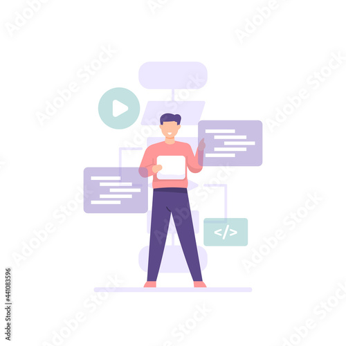 illustration of a man making a program or coding according to a flowchart. concept programmer, full stack developer, user experience, freelancer. test a program. flat cartoon style. vector design