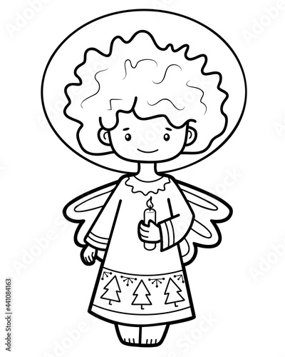 Christmas coloring book or page. Angel black and white vector illustration