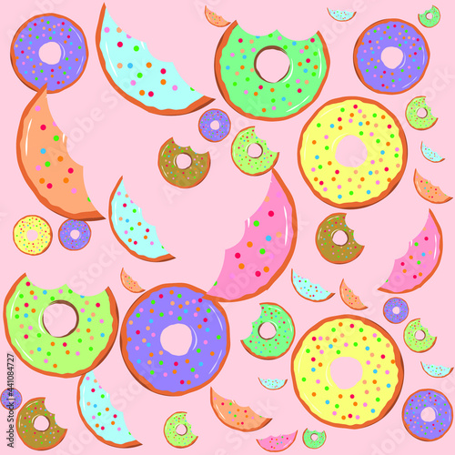 Seamless pattern with bitten donuts in colorful glaze, assorted children's sweets, pastries for menu design, cafe decoration
