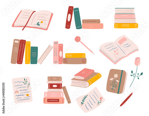 Stack of books, diary and vintage notebook vector illustration. Home library collection in doodle style. Colorful hand drawn textbooks with flowers