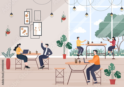 Cafe Illustration With View of People Sitting  Drinking Coffee  Working On Laptop  Chatting and Barista Standing At The Counter