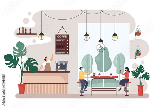 Cafe Illustration With View of People Sitting, Drinking Coffee, Working On Laptop, Chatting and Barista Standing At The Counter