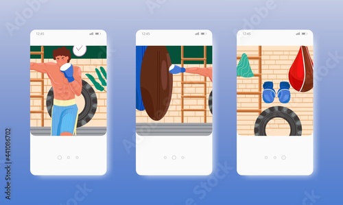 Boxer punching heavy bag. Boxing gym workout. Mobile app screens, vector website banner template. UI, web site design.