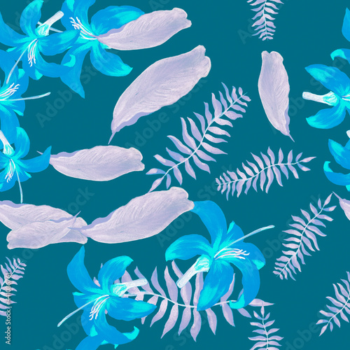 Navy Tropical Plant. Lavender Seamless Vintage. Purple Pattern Leaf. Blue Floral Plant. Azure Flower Art. Indigo Decoration Design. Drawing Palm.