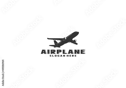 logo illustration of an airplane taking off on a white background