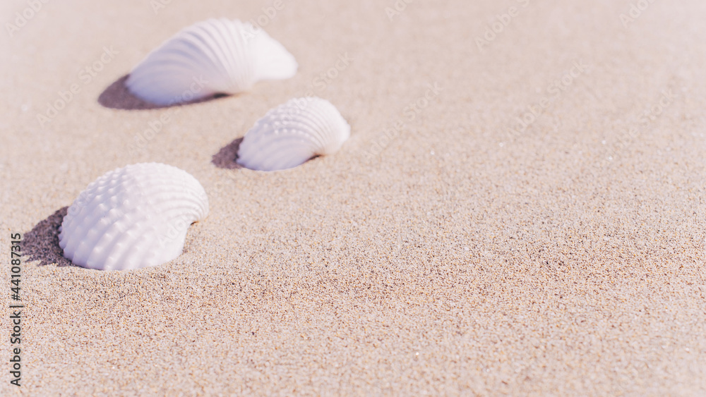 Summer holiday poster with seashells, starfishes on sand ocean beach background. Summer vacation and product advertisement concept. Summer holiday poster with seashells, starfishes on sand ocean beach background. Summer vacation and product advertisement concept.