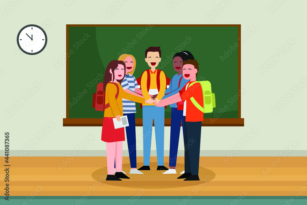 Teamwork vector concept:Group of university students join hands together while standing in the classroom Teamwork vector concept:Group of university students join hands together while standing in the classroom