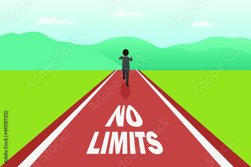 No limits vector concept: Young businessman running on the track with no limits text 