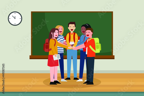 Teamwork vector concept:Group of university students join hands together while standing in the classroom
