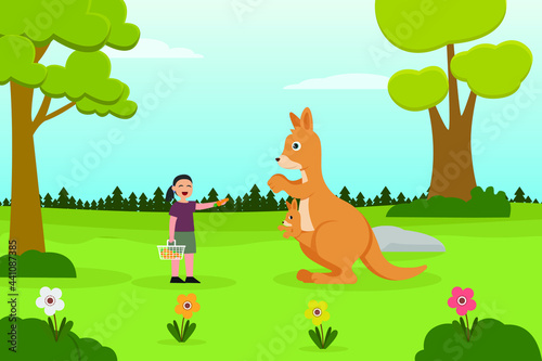 Vacation vector concept  Little boy feeding food to kangaroo in the zoo while enjoying leisure time 