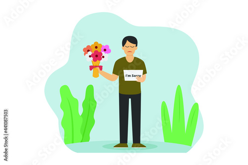 Asking forgiveness vector concept: Young man asking forgiveness while holding a bouquet of flower to his girlfriend