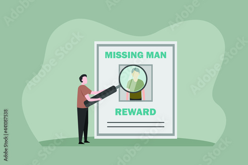 Missing people vector concept: Young man looking at missing man poster while using magnifying glass 