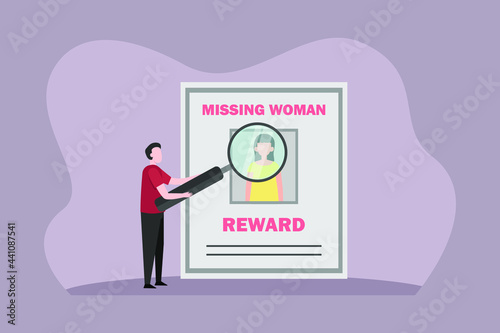 Missing people vector concept: Young man looking at missing woman poster while using magnifying glass