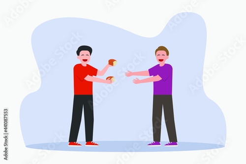 Sharing food vector concept: Young man sharing bread to his hungry friend while standing together 