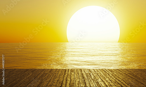 sunset by the sea or the ocean. The reflection of the sun on the sea with waves For use as a background or wallpaper. wooden bridge by the sea. 3D Rendering © Superrider