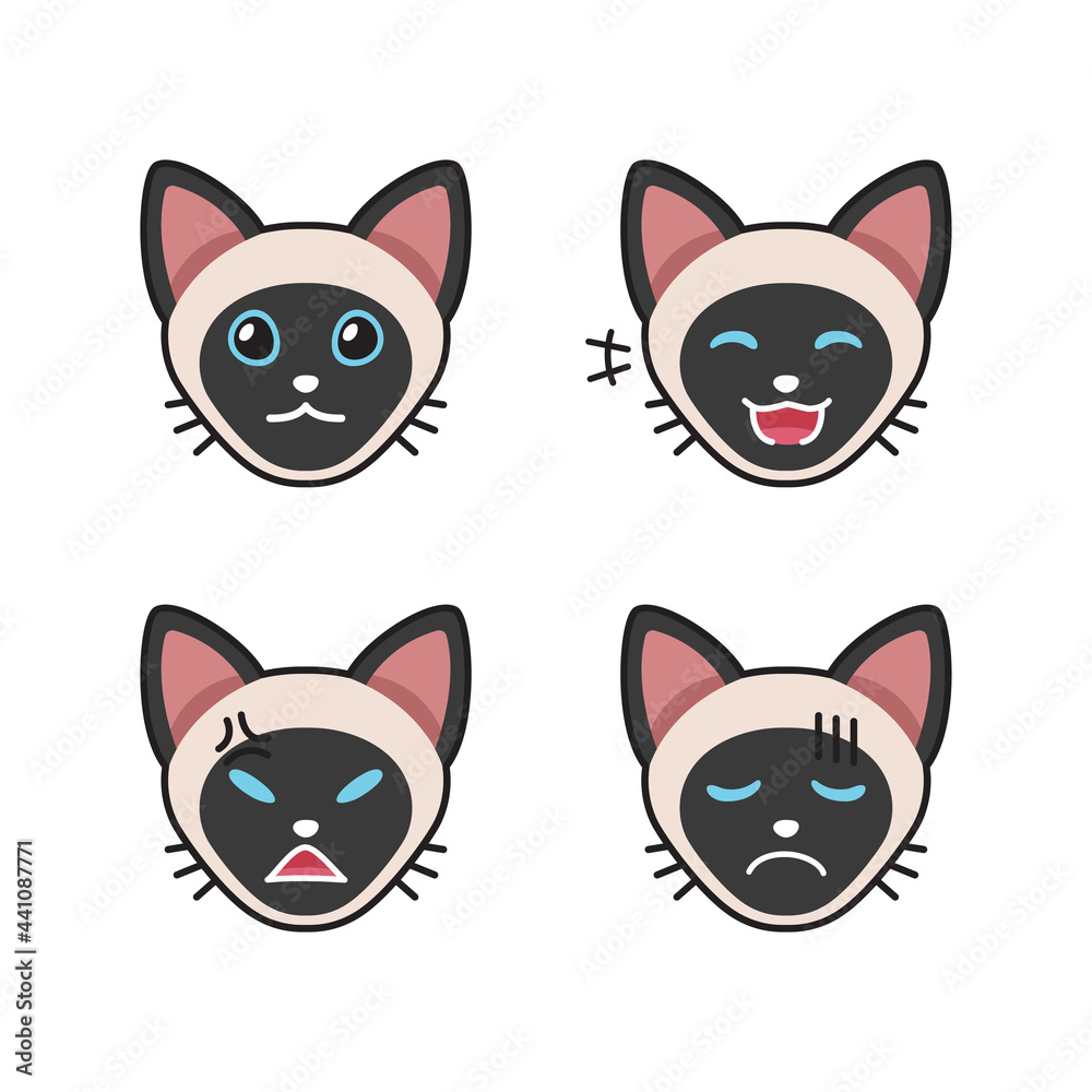 Set of siamese cat faces showing different emotions for design.