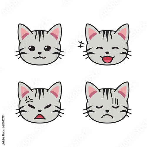 Set of American Shorthair cat faces showing different emotions for design.