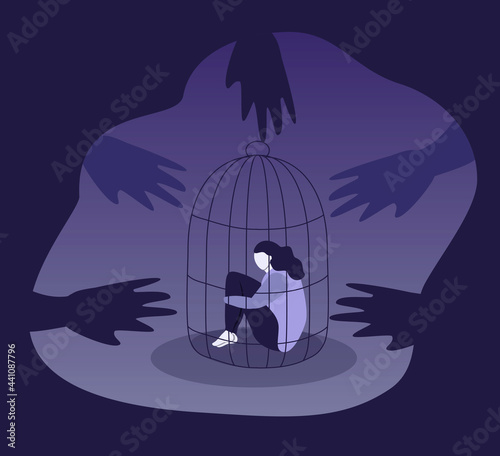 vector illustration on the theme of anxiety, fear, bullying. girl sits in a cage, hugging her knees. many hands reach out to her from the darkness. trend illustration in flat style