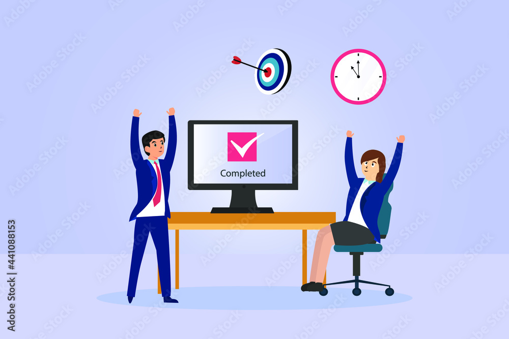Completed vector concept. Successful business team with completed task tick sign on the computer monitor Completed vector concept. Successful business team with completed task tick sign on the computer monitor