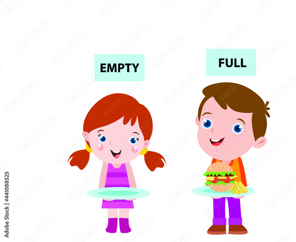 Opposite vector concept. Boy and girl learn opposite adjective word by comparing empty and full plates Opposite vector concept. Boy and girl learn opposite adjective word by comparing empty and full plates