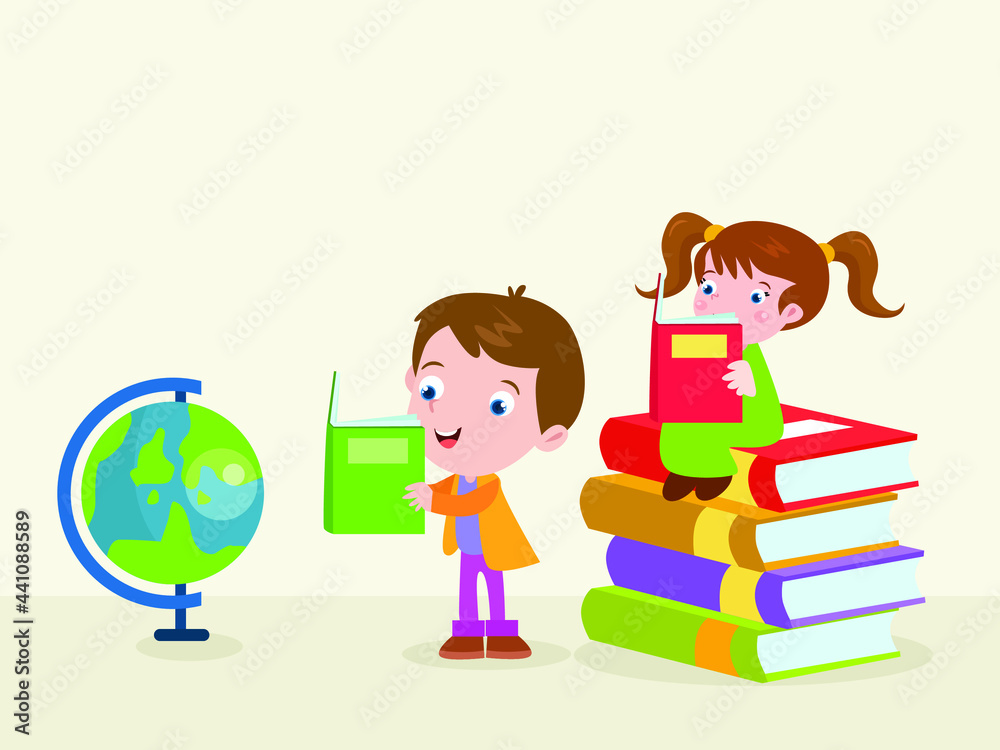 Education vector concept. Children reading books near hourglass Education vector concept. Children reading books near hourglass