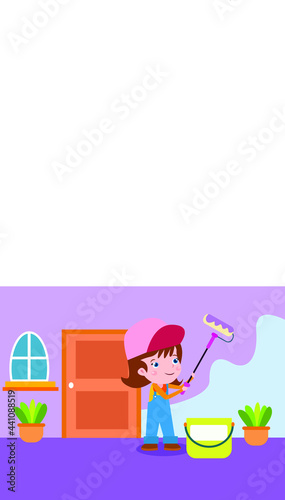 Cartoon of happy little girl painting wall with roller at home