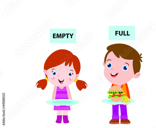 Opposite vector concept. Boy and girl learn opposite adjective word by comparing empty and full plates