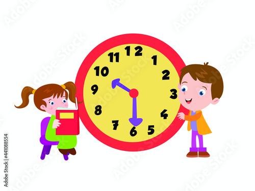 Education vector concept. Children learn about time while reading book