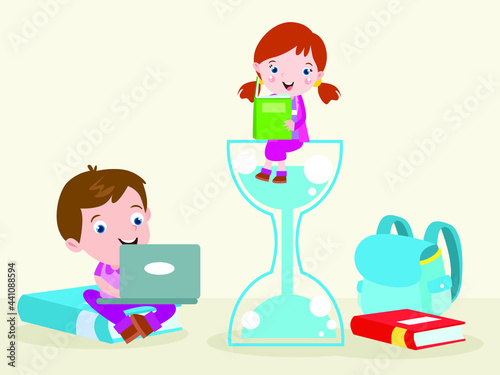 Education vector concept. Children reading books near hourglass