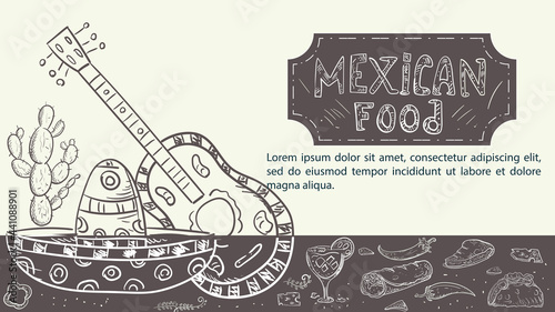 illustration hand drawn sketch for a design on the theme of Mexican food Hat sombrero guitar taco drink and burrito hot pepper